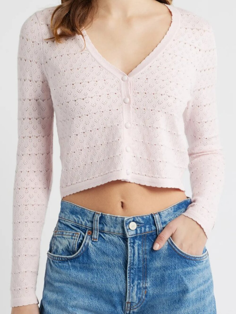 All In Favor Ivory Pointelle V-neck Cropped Cardigan Sweater XL